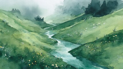 Glacier National Park landscape view of a mountain river, high peaks, and snow under a summer sky