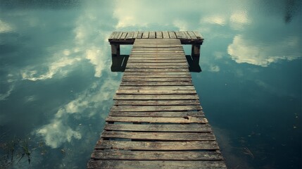 Wooden pier or bridge extending over the sea, lake, or water towards the horizon under a sky full of clouds on a beach or coast landscape