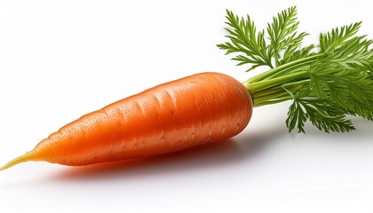 single ripe orange carrot with green leafy top isolated on white background vibrant color detailed texture healthy food image