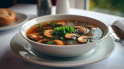 A hot chicken mushroom soup in a bowl