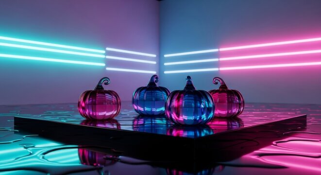 Stylish Halloween pumpkins glowing in vibrant neon light create modern seasonal vibe, perfect for party invites, digital marketing, or trendy fall promotions