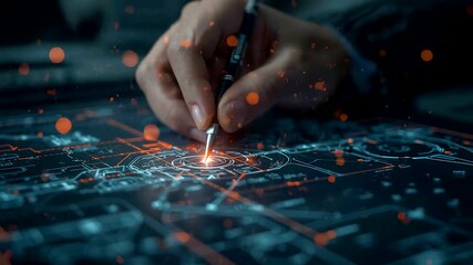 Engineer hand creating glowing digital blueprint with precision stylus on dark holographic interface surrounded by sparks and circuit patterns - Powered by Adobe