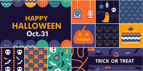 Happy halloween oct 31 collage featuring pumpkins ghosts skulls bats and festive decorations