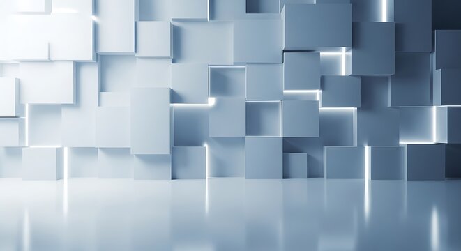 Abstract wall of light blue and white cubes with glowing edges creating a modern architectural background