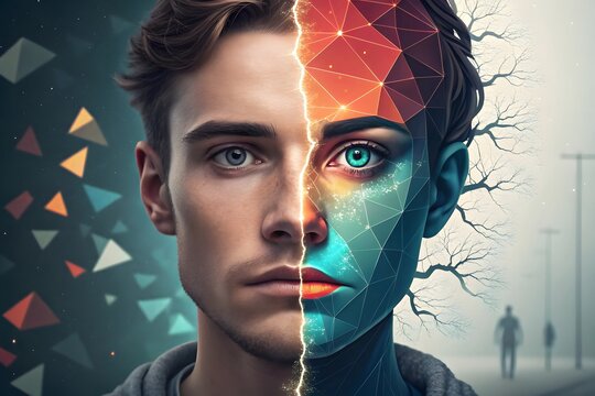 Human face merging with digital network and organic elements, symbolizing future mind and ai