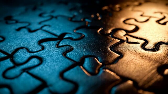 Macro view of interlocking puzzle pieces in dramatic lighting showing texture, depth, and connection concept with blue and orange tones