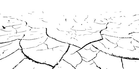 Black and white cracked dry earth texture background, drought soil broken ground pattern, parched land environmental disaster concept, climate change abstract cracked surface illustration for design u