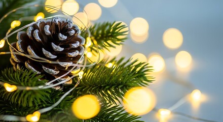 Close-up of a frosted pinecone on a fir branch with bokeh lights