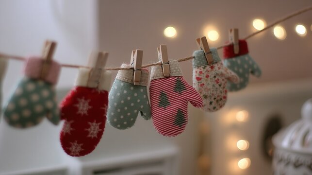 patchwork christmas concept. Colorful mittens hanging on a string with soft lighting backdrop.