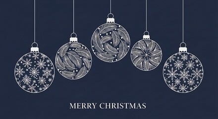 Five white Christmas ornaments with intricate patterns on dark blue background