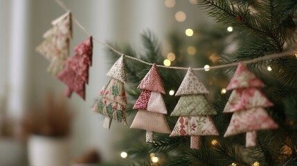 patchwork christmas concept. Decorative fabric Christmas trees hanging on a tree branch.