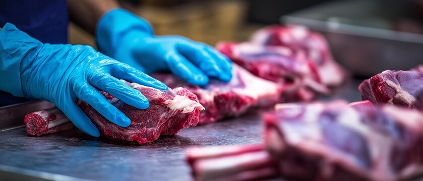 AI generator images of The process of producing meat in a processing plant, with employees wearing protective clothing and gloves for hygiene, to maintain cleanliness standards in separating 