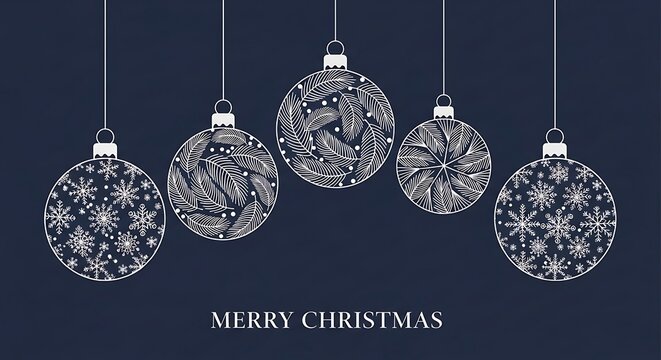 Five white Christmas ornaments with intricate patterns on dark blue background