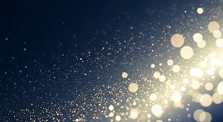 Golden Glittering Particles And Bokeh Lights On Dark Blue Background