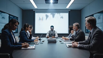 Diverse business team discusses market analysis in a modern boardroom Professionals collaborate on global strategy during an important corporate meeting - Powered by Adobe