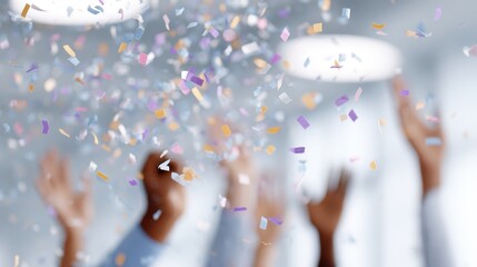 cheerful coworkers celebrating project success, confetti flying in air, office teamwork