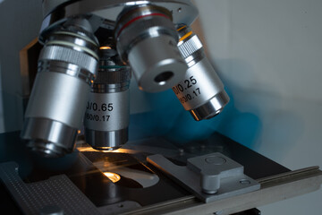 Scientific microscope objective in lab light