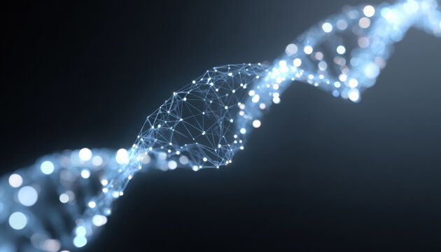 Abstract futuristic DNA helix with glowing molecule structure. digital representation of gene and genetic information for science, technology and biotechnology concepts