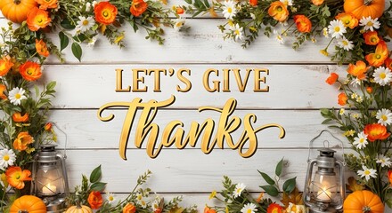 Rustic wooden background with autumn floral garland and lanterns featuring the phrase let s give thanks