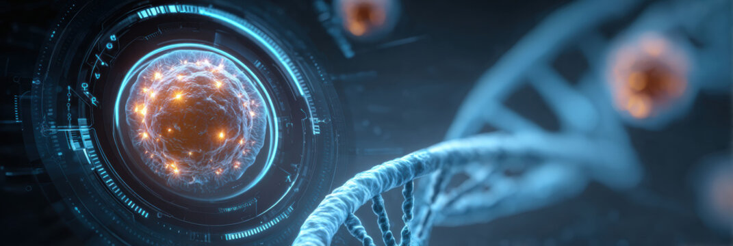 Abstract science background with glowing DNA helix and cell for genetic research, futuristic illustration of molecular medicine and biology technology with sense of wonder