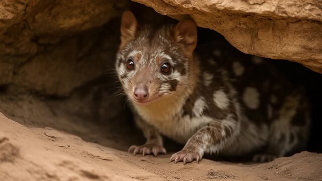 Curious quoll peeking from rocky cave in warm sunlight