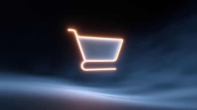 Glowing neon shopping cart icon on dark digital background. An exciting symbol of modern ecommerce and technology for an easy online experience to buy and sell products