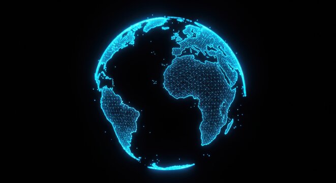 Glowing digital wireframe representation of the world sphere rotates against a dark backdrop - Powered by Adobe