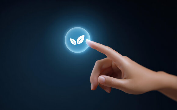 Hand touching glowing blue icon for green technology, ecology, and sustainability. hopeful concept for environment conservation and protecting nature for better future