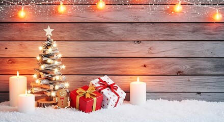 Rustic Christmas Scene with Twig Tree and Gifts wooden