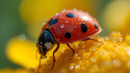 Obraz premium Macro Close-up of Red Ladybug with Black Spots and Water Droplets Resting on Bright Yellow Flower Petals for Nature, Insect, and Garden Concepts
