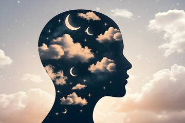 Mind profile with celestial night sky, crescent moons, and serene clouds, conceptual art
