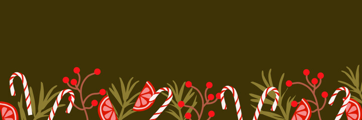 Christmas background . Flat vector illustration with  frame  of Christmas caramel, slice orange, tree branches
