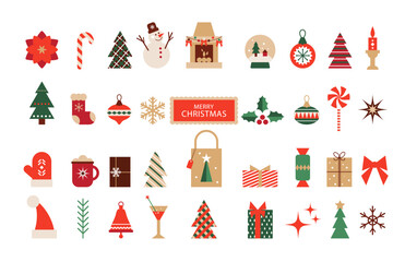 Christmas elements big set icons. Snowman, fireplace, Christmas trees, gifts, candies. Glass ball, mittens, drinks, holiday decorations. Vector abstract minimalist flat illustrations. Isolated