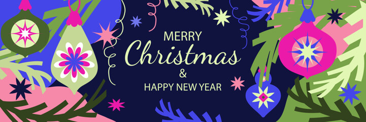 Christmas background .Flat  vector illustration with Christmas balls, stars, and Christmas tree branches and festive inscription