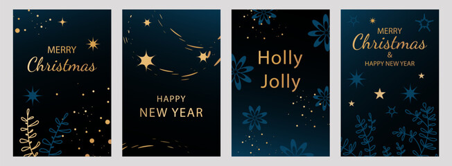 New Year and Christmas posters set. Elegant backgrounds with a dark blue gradient and gold elements. Vector illustration