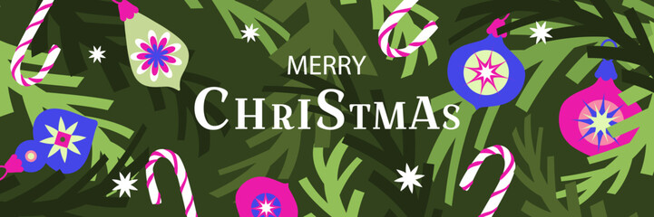 Christmas background .Flat  vector illustration with Christmas balls, stars, and Christmas tree branches and festive inscription
