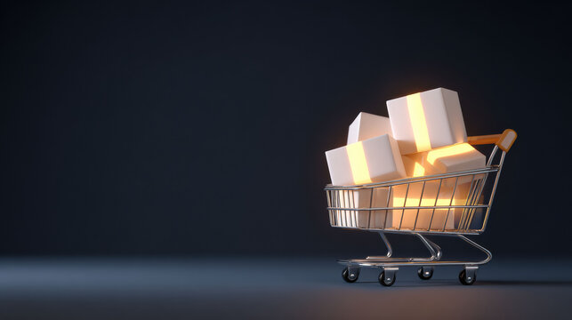 Exciting online purchase concept with shopping cart full of glowing box. e commerce visual for sale illustrates successful order and fast delivery