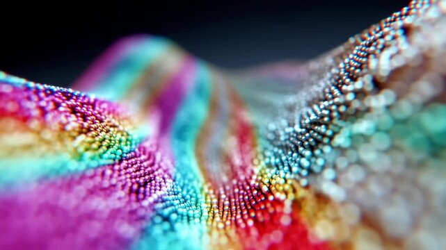 Colorful particle waves form a flowing abstract landscape with a macro shallow focus. A futuristic concept of data visualization and network technology. A vibrant and dynamic background.