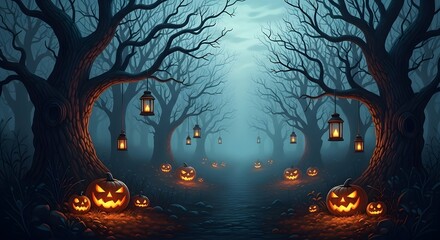 Eerie halloween forest path lined with glowing jack o lanterns and hanging lanterns at twilight