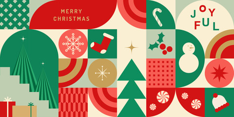 Modern Merry Christmas illustration with geometric shapes and festive icons including Christmas trees, snowflakes, stockings, gifts, candy canes, and snowman.