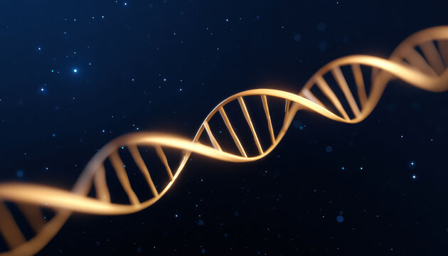 Futuristic glowing gold DNA helix on dark blue background. science and technology illustration showing molecule and chromosome for genetic research and medical innovation