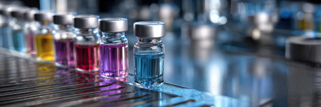 Row of glass vial with colorful liquid in scientific laboratory for medicine development. meticulous scene conveys hope and precision in pharmaceutical research for new vaccine