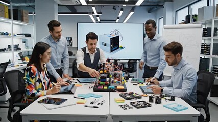 Diverse engineering team collaboratively developing advanced robotics and artificial intelligence solutions in a modern tech lab innovating future technology - Powered by Adobe