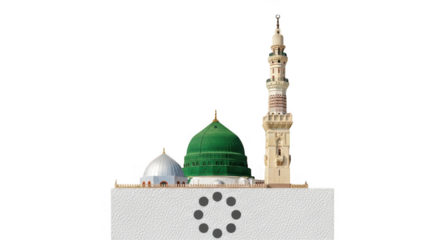 Islamic mosque with green dome and minaret clock isolated on transparent background