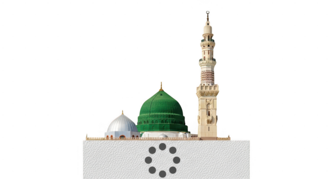 Islamic mosque with green dome and minaret clock isolated on transparent background