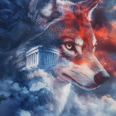 Majestic wolf face superimposed over ancient greek temple ruins in a dramatic sky