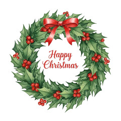 Watercolor christmas wreath with red bow and berries isolated on transparent background