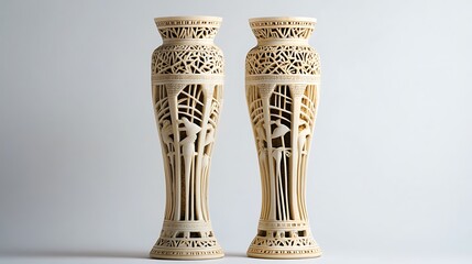 Two intricately carved antique ivory tusks with detailed openwork patterns displayed vertically