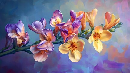 Vibrant freesia flowers bloom in a painterly display of purple orange and yellow hues