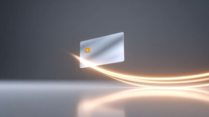 Futuristic credit card payment during fast digital transaction with secure finance. Modern concept for money and bank technology with flowing golden light streak